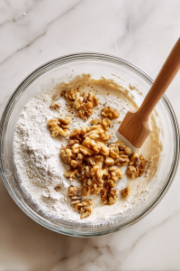 Mix in flour, baking soda, salt, and cinnamon until just combined. Fold in chopped rhubarb and walnuts gently.