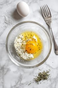 In another bowl, mix yolks, cream cheese, garlic powder, Italian herbs, and salt until smooth.