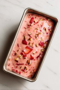 Pour batter into the greased loaf pan and smooth the top.
