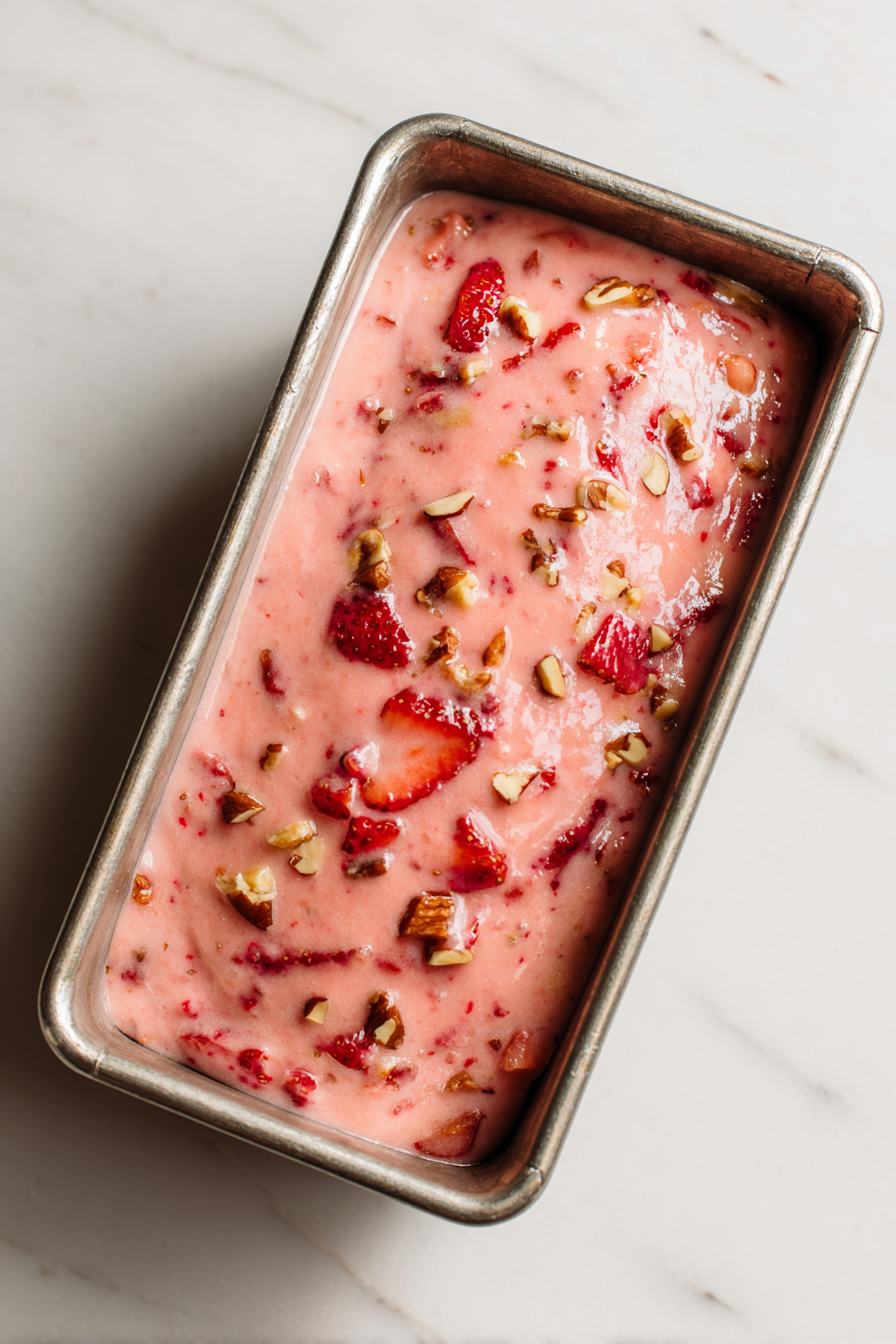 Pour batter into the greased loaf pan and smooth the top.