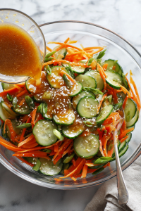 Pour the dressing over the salad and mix gently.
