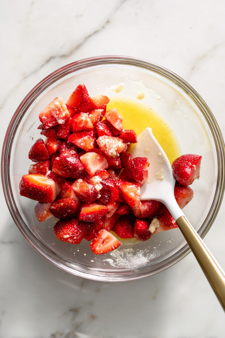 In another bowl, toss chopped strawberries with lemon juice, vanilla, sugar, and cornstarch.