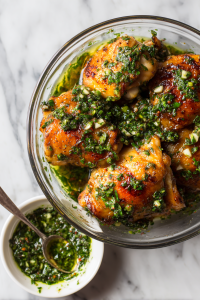 Spoon the remaining chimichurri over the chicken thighs and marinate for 10–15 minutes (optional but recommended).