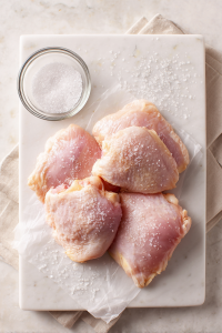 Season chicken thighs with sea salt on both sides and let rest while you prepare the chimichurri.