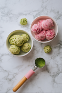 Take small amounts from each dough, press together gently, and roll into a marbled ball.