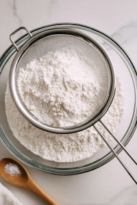 In a separate bowl, sift together flour and baking powder.