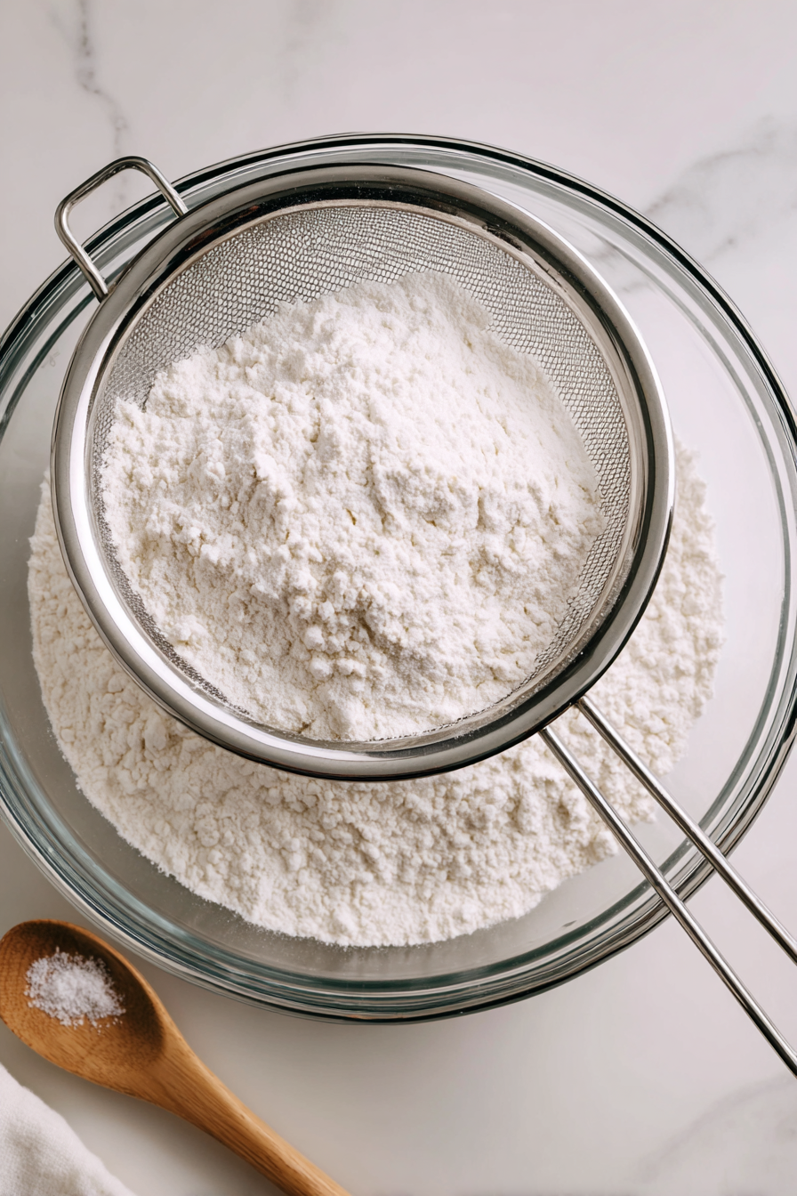 In a separate bowl, sift together flour and baking powder.