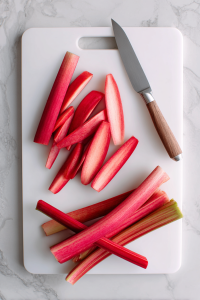 Wash and dry the rhubarb and strawberries thoroughly. Slice rhubarb lengthwise, then chop into small, thin pieces.