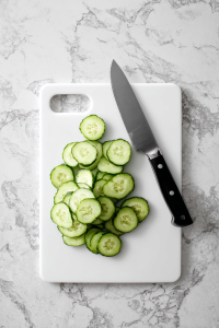 Slice cucumbers thinly and add them to a large mixing bowl.