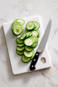 Wash and thinly slice the English cucumber.