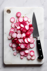 Trim and thinly slice the radishes evenly.