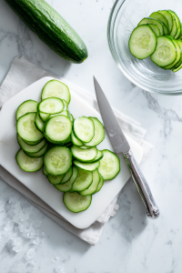 Wash and thinly slice the cucumbers.