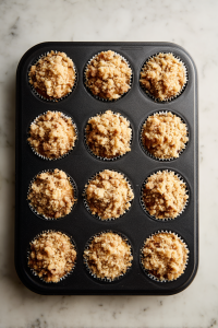 Sprinkle with crumble topping and bake for 22–25 minutes or until golden and set.