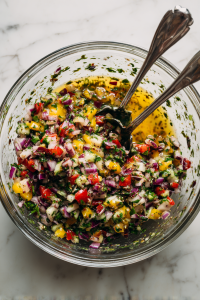 Pour the dressing over the salad and toss everything well.